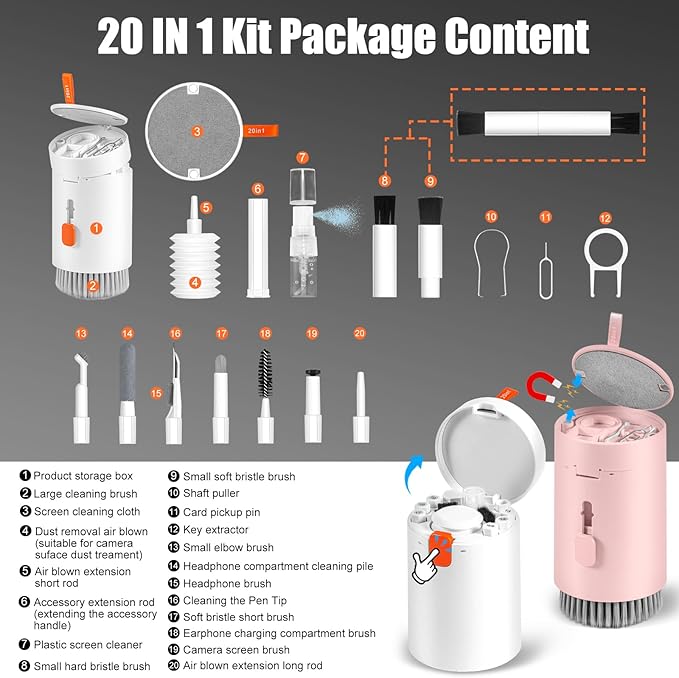 walrfid 2pcs White Pink Computer Keyboard Cleaner Kit, Laptop Screen Cleaning Spray for iPhone AirPod Phone MacBook iPad, 20-in-1 Electronic Clean Brush Tool for Earbud iPod TV Earphone Camera