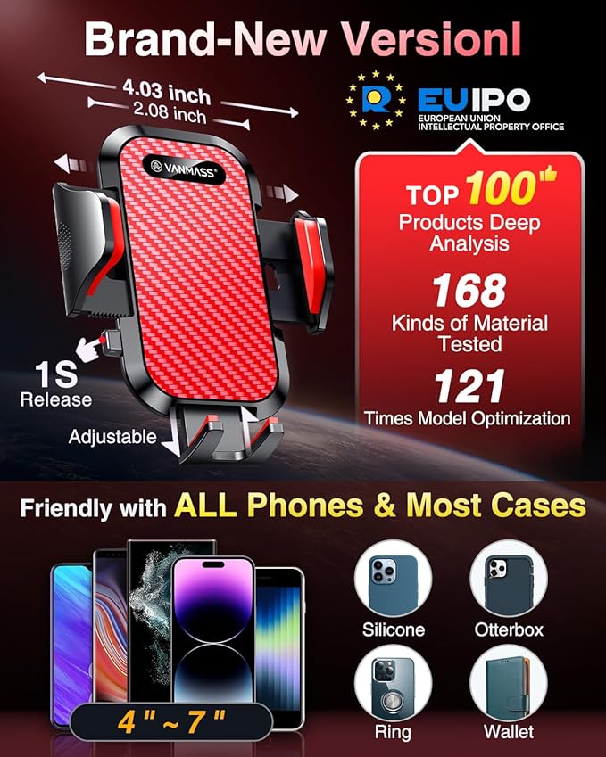 VANMASS [Longest Lasting] True Military-Grade Car Phone Holder Strongest Suction & Clip Cell Mount Dashboard Windshield Vent Automobile Cradle Truck Accessories for iPhone 16 15 Pro Max 14 13 Android