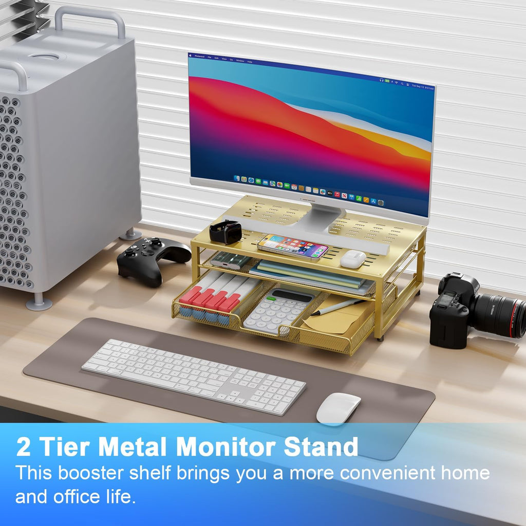 gianotter Computer Monitor Stand Riser, office organizer with Drawer, Office Organizers Storage for Classroom Office Supplies (Gold)