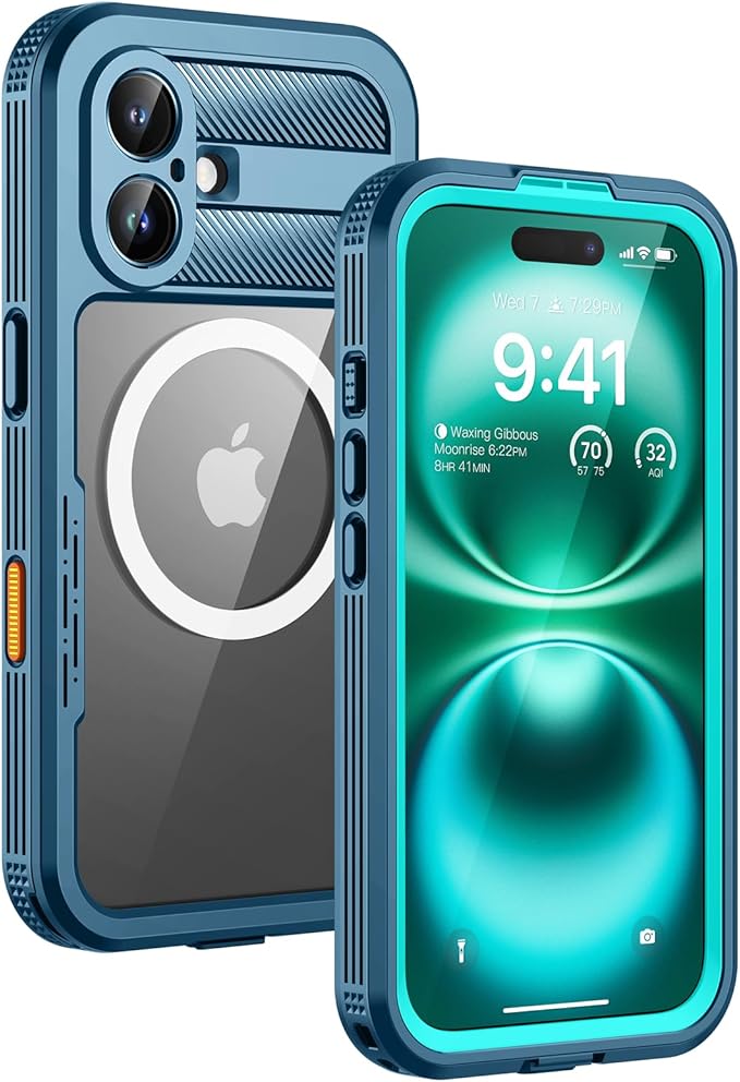 Lanhiem Magnetic for iPhone 16 Plus Case, IP68 Waterproof Dustproof Case, [Compatible with Magsafe] [Built-in Screen Protector] Full Body Heavy Duty Rugged Phone Cover 6.7 inch, Blue/Clear