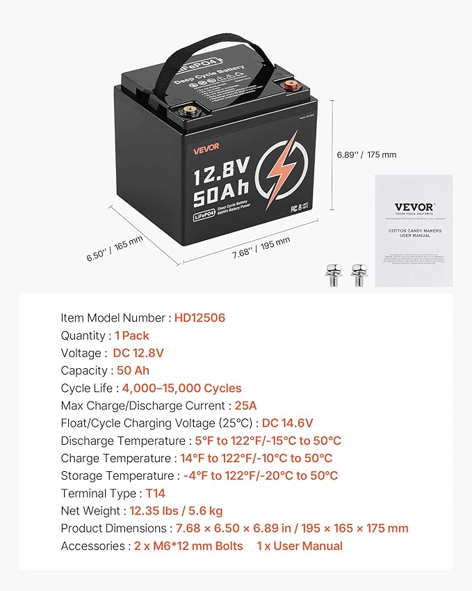 VEVOR 12V 50Ah LiFePO4 Battery, Up to 15000 Cycles, Deep Cycle Lithium Iron Phosphate Battery with Built-in BMS, Low Temperature Protection, 10 Years Lifetime, for Solar Off-Grid Home Energy Storage