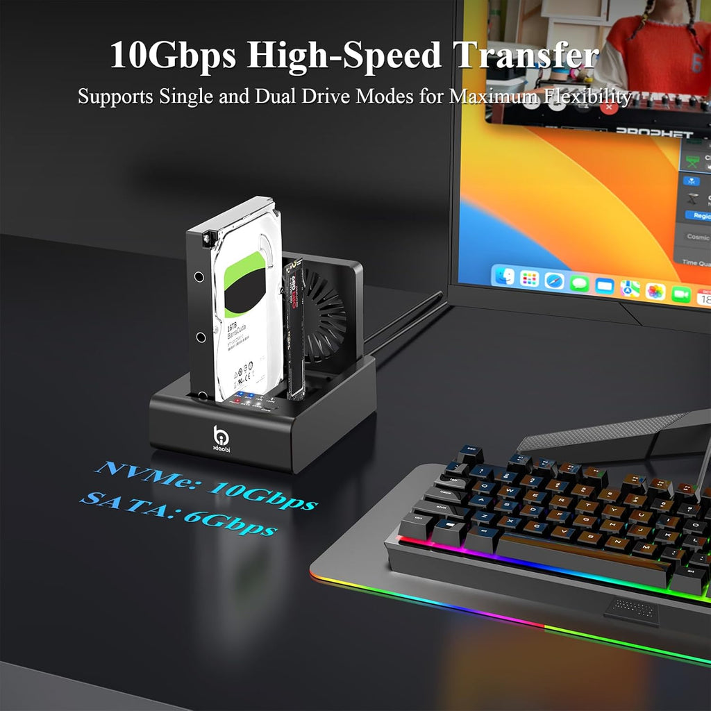 M.2 NVMe & SATA HDD Docking Station,10Gbps USB3.2 Gen2 SSD Cloner for M.2 NVMe SSD + SATA 2.5”/3.5” HDD Converter, Offline Cloning, Tool-Free, Cooling Fan