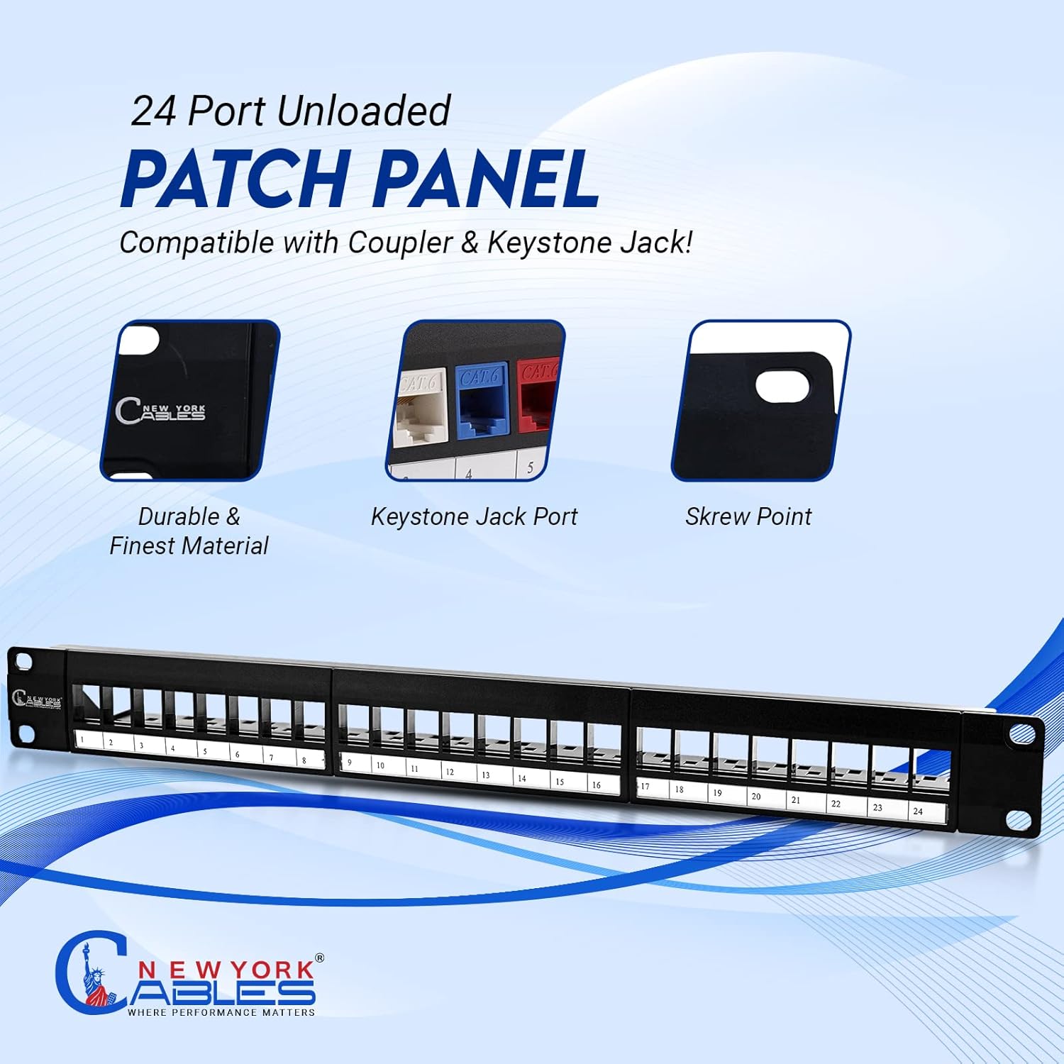 NewYork Cables® Blank Keystone 24 Port Cat6 Patch Panel - 10Gb Ethernet 1U Horizontal Rack Mount, Color-Coded T568A/B Labels, Network for Data Centers, Server Rooms, Unloaded, Unshielded.