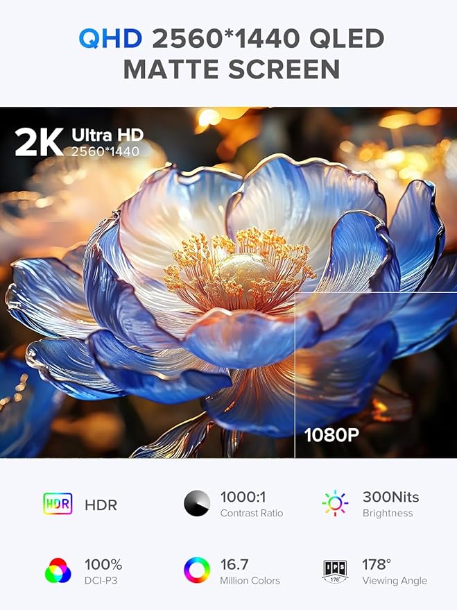 UPERFECT 22" QLED 2K Portable Monitor w/VESA & 180° Adjustable Stand, 2560×1440 QHD FreeSync IPS HDR Gaming Display, USB-C HDMI Travel Second Monitor for Laptop, Switch, Phone