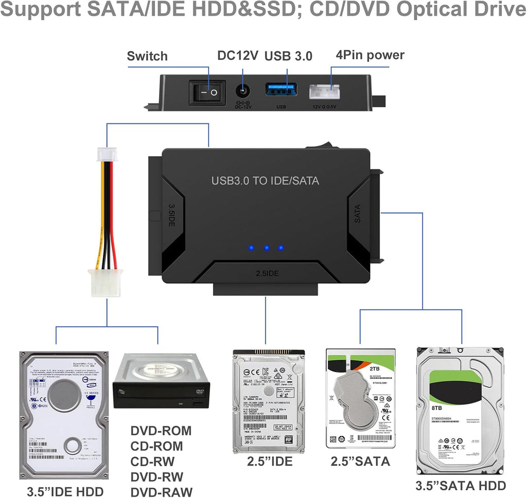 USB 3.0 to SATA IDE Adapter, Hard Drive Reader External Ultra Recovery Converter Compatible with 2.5" 3.5" HDD, SSD,5.25-inch DVD/CD-ROM Optical Drive Data Transfer with Power Supply