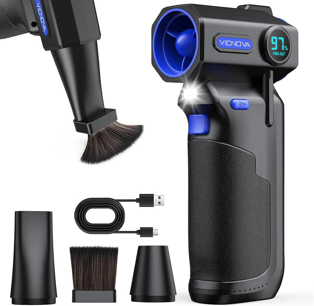 VICNOVA Compressed Air Duster, 150,000RPM Cordless Electric Air Blower with 3-Speed Adjustable Rechargeable with LED Light for Cleaning Car, Computer, PC Keyboard, Gifts for Dad, Man, Him