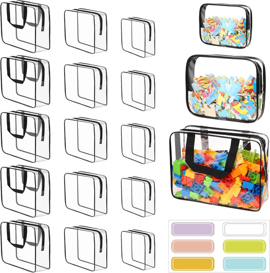 18 Packs Large Toy Storage Bags with Labels, Clear PVC Bags Travel Waterproof Kids Toy Organizer Bags with Zipper for Building Blocks Puzzle Kids Books (Black)