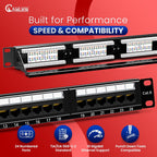 NewYork Cables 24 Port Cat6 Patch Panel – 10Gb Ethernet, 1U Rackmount 19-Inch, T568A/B Color-Coded Labels, Unshielded, 110/Krone Compatible, Black