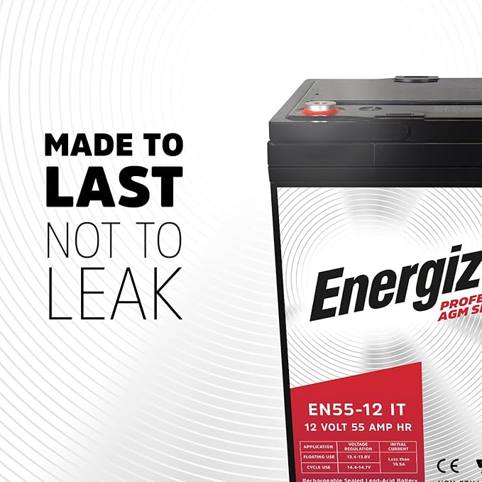 Energizer EN55-12IT - 2 Pack - 12 Volt 55 Amp Hr, Long Lasting Sealed Lead Acid AGM Rechargeable Battery Ideal for Use in Electric Scooters, Wheelchairs, Emergency Lighting, Backup Power, and More