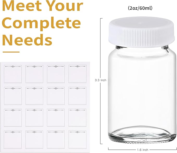 16 Pack 2 oz Glass Shot Bottles with White Caps & Labels, Wide Mouth 60 ml Clear Little Glass Jars for Ginger, Leakproof Travel Mini Jars for Wellness Shot, Juice - Dishwasher Safe