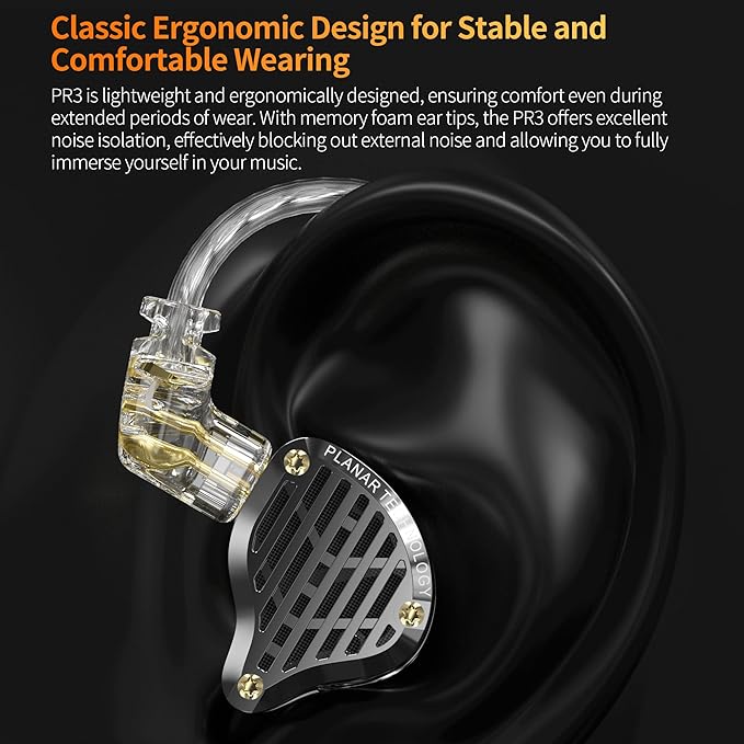 KZ PR3 in Ear Monitors Headphones with 13.2mm Planar Magnetic Driver,HiFi Stereo Sound IEM Earphones with Memory Foam Tips Comfortable&Secure Fit Wired Earbuds for Singers Musicians DJ Stage Gaming