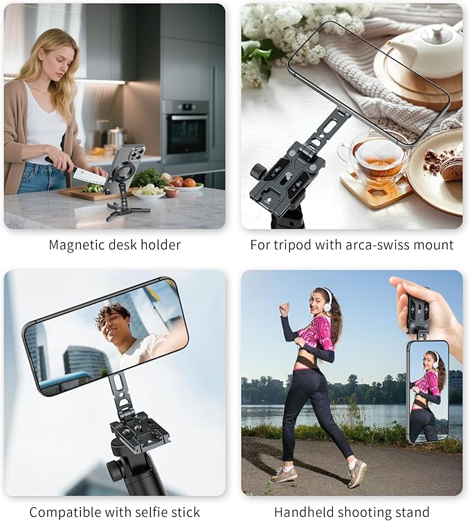 Magnetic Phone Tripod Stand,Foldable Cell Phone Holder for Magsafe with Arca-Swiss,1/4'' Screw Hole,Cold Shoe Mount,Pocket Mini Aluminum Selfie Stick Tripod Mount for iPhone/Android,Desk,Travel
