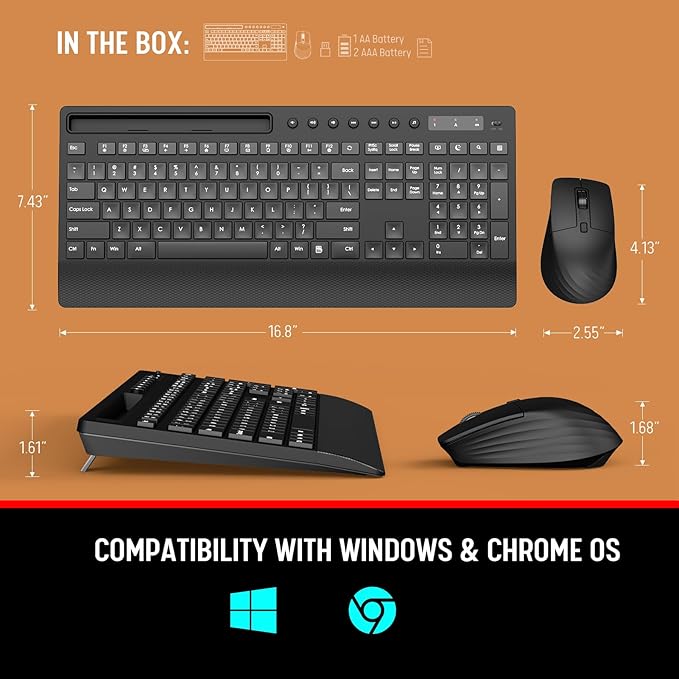 Trueque Wireless Keyboard and Mouse Combo - Full-Size Quiet Keyboard with Palm Rest, Phone Holder, Multimedia Keys, Power Switch, Compatible with Windows, Chrome OS, PC, Laptop (Batteries Included)