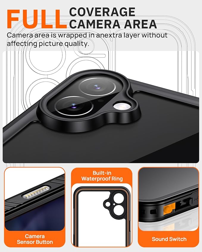 Lanhiem for iPhone 16 Privacy Case, Waterproof Dustproof Shockproof Cases for iPhone 16 with Privacy Screen Protector, Full Body Heavy Duty Protective Cover for iPhone 16-6.1 inch (Black)