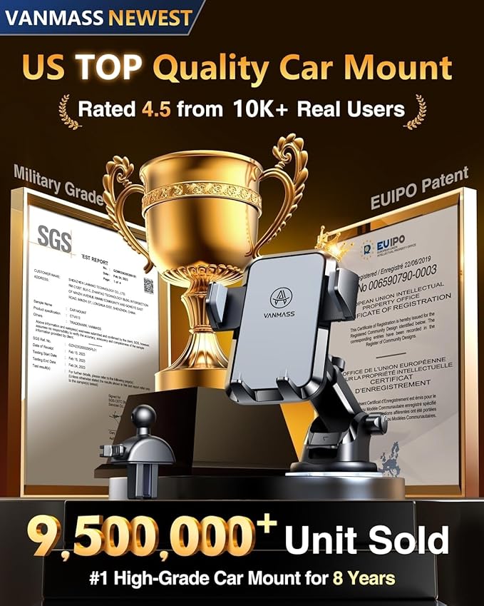 【2025 MAX Stable & Durable】Car Phone Holder VANMASS【Ultimate Military-Grade Suction】Cell Mount Truck Stand Cradle for Dashboard Windshield Vent for iPhone 16 Pro Max 15 14 13 12 Samsung S24 Android