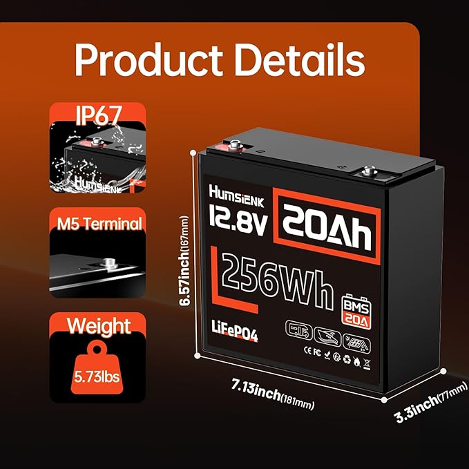 12V 20Ah LiFePO4 Lithium Battery, Built-in 20A BMS, EV Grade A+ Cells, Rechargeable 6000 to 15000 Deep Cycles Lithium Batteries 12V, Perfect for Fish Finder, Camping, Power Wheels