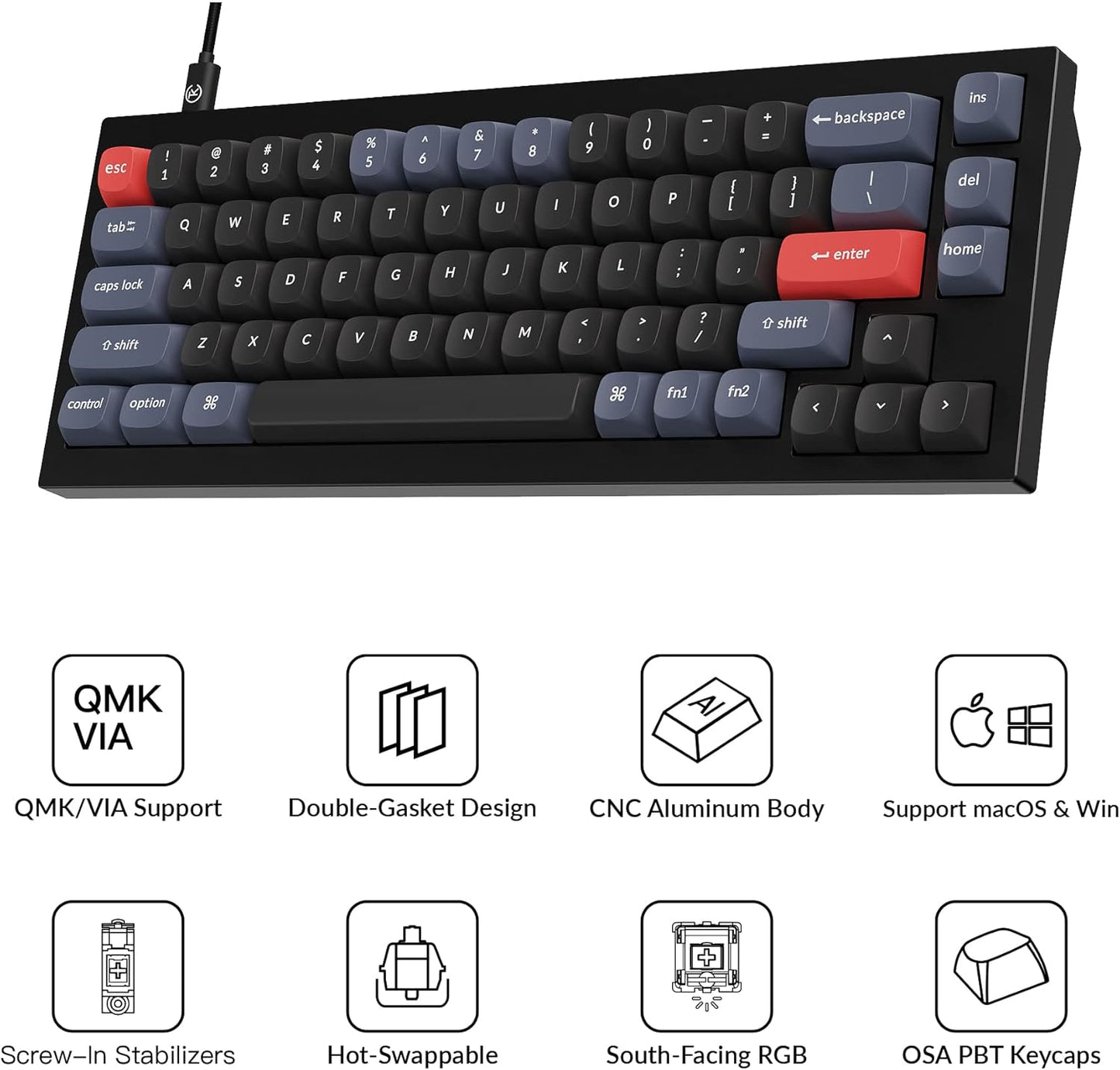 Keychron Q2 Wired Custom Mechanical Keyboard, QMK/VIA Programmable Macro, Full Aluminum, Hot-Swappable Gateron G Pro Blue Switch, 65% Layout Double Gasket Compatible with Mac and Windows - Black