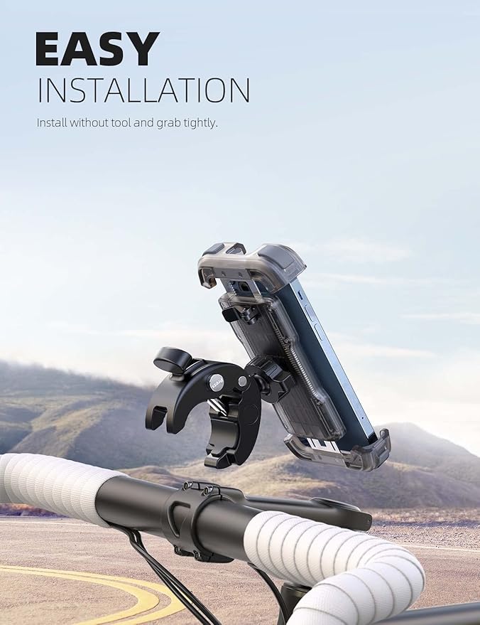 Lamicall Motorcycle Phone Mount, Bike Phone Holder - Upgrade Quick Install Handlebar Clip for Bicycle Scooter, Cell Phone Clamp for iPhone 15 14 13, Galaxy and More 4.7-6.8" Phone, Transparent Gray