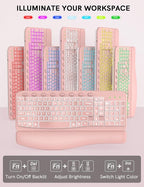 SABLUTE Ergonomic Wireless Keyboard and Mouse Combo - Wave Keyboard with Soft Leather Wrist Rest, Resistant Keys, RGB Backlit Rechargeable Set for PC/Mac/Chromebook (Pink)