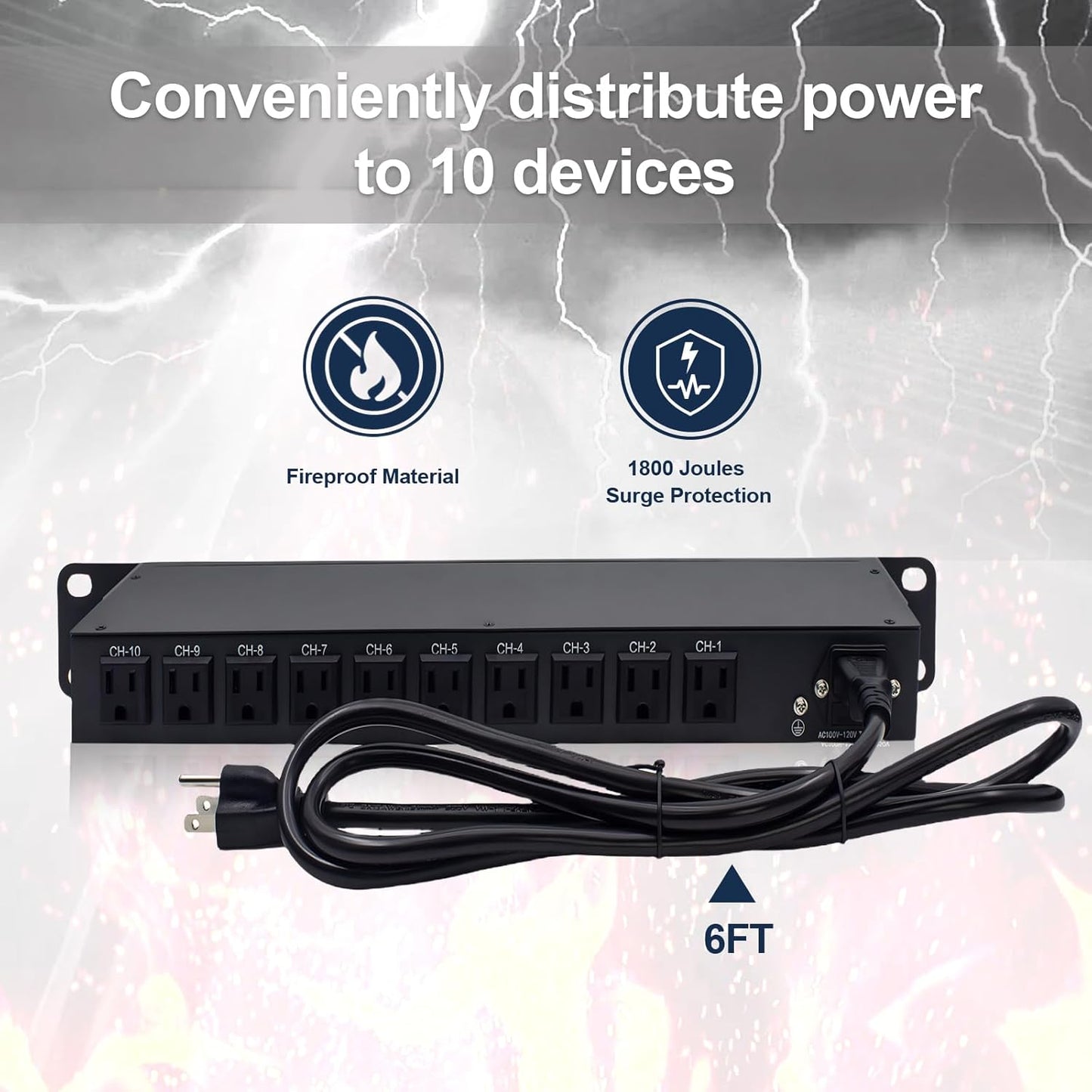 10-Outlet 1U Horizontal PDU Rack Mount Power Strip - Surge Protector,100-240V/15A/1800 Joules,for Network Servers,Power Conditioner with 10 Individual Switches and 6 ft Power Cord