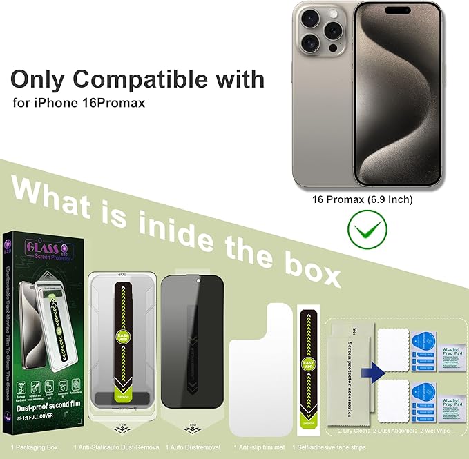 (2-Pack Anti-Spy Privacy Screen Protector for iPhone 16 Pro Max(6.9-Inch),9H Tempered Glass,Full Coverage,Anti-Fingerprint,Auto Dust Removal,Bubble-Free,Easy Installation