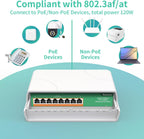 8 Port Gigabit PoE Switch Waterproof, 1000 Mbps 8 PoE+ Ports 120W, IEEE802.3af/at Power Over Ethernet Unmanaged Outdoor Network Switch, Plug & Play