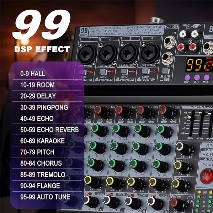 BOMGE 06A Professional 6 Channel DJ Audio Mixer, DJ Controller Sound Mixer with 99 DSP Effects,7-band EQ Independent 48V Bluetooth USB Interface Recording for Studio Stage Party Home Recording