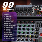 BOMGE 06A Professional 6 Channel DJ Audio Mixer, DJ Controller Sound Mixer with 99 DSP Effects,7-band EQ Independent 48V Bluetooth USB Interface Recording for Studio Stage Party Home Recording