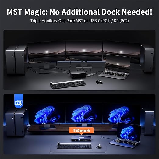 TESmart USB 3.0 HDMI+DP+USB C KVM Switch 3 Monitors 4 Computers 4K@60Hz, 4 Port Triple Monitor KVM Switch Built-in Docking Station, Headset,MST, EDID emulators, Hotkey Switch, Wired Network, Rack-Ears