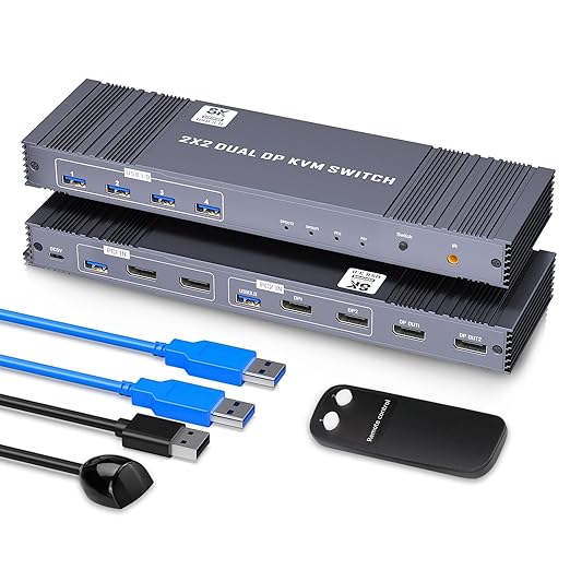 8K KVM Switch 2 Monitors 2 Computers Displayport, DP+DP 4K@144Hz USB3.0 Dual Monitor KVM Switches for 2 PC Sharing 2 Monitor of 1 Set Keyboard Mouse and USB Device, with IR Controller