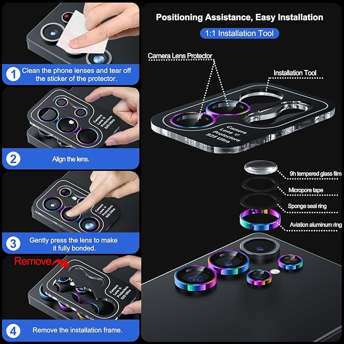 WSKEN for Samsung Galaxy S25 Ultra Camera Lens Protector - Ultra Thin Case Friendly, 9H Shatterproof Tempered Glass with Aluminum Metal Circle Camera Screen Protector Cover Accessories, Colorful