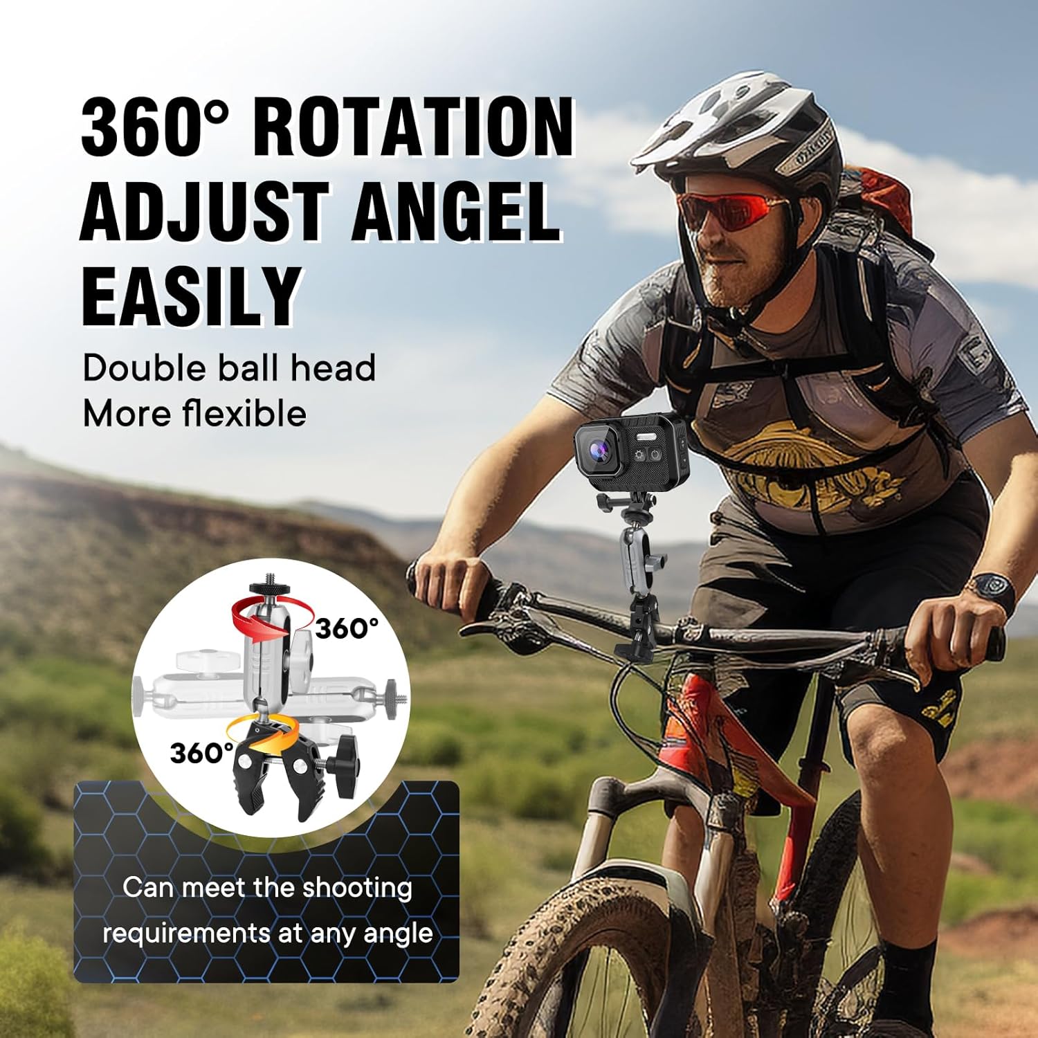 Aluminum Alloy Camera Mounts Clamp Mount Bicycle Handlebar Adapter Mount with Dual 360°Rotatable Ball Head with Adapter Phone Clip Compatible with Hero Insta360 and Other Action Cameras