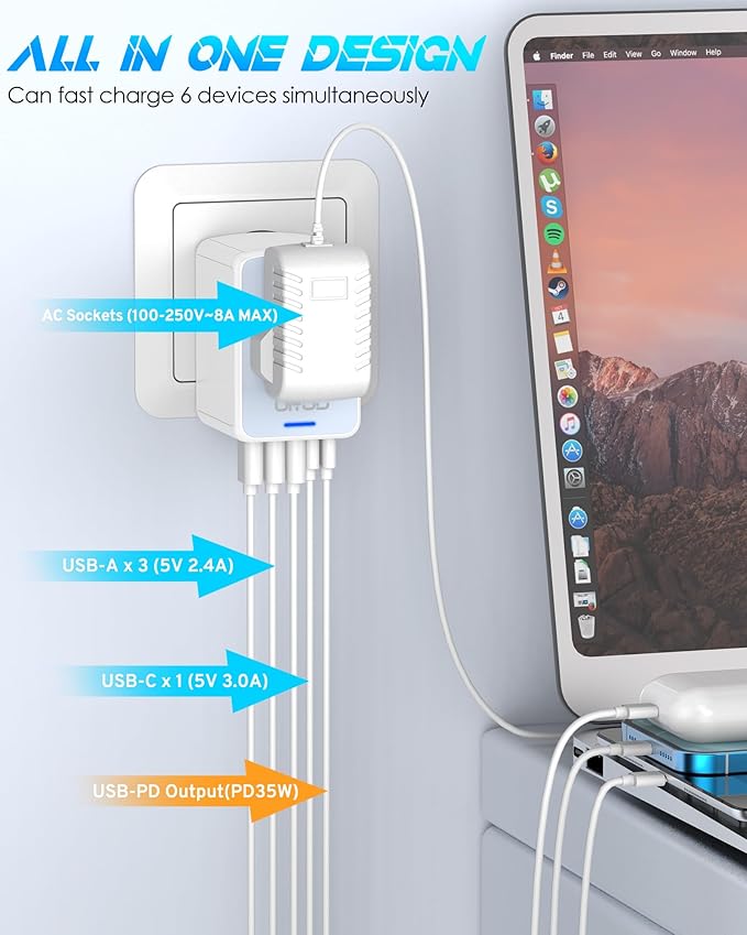 Universal Travel Adapter 35W PD Fast Charging Offers 3X2.4A USB-A Ports, 2X USB-C Ports and Multi AC Outlet, International Plug Converter Worldwide Travel Charger All in One for EU US UK AUS