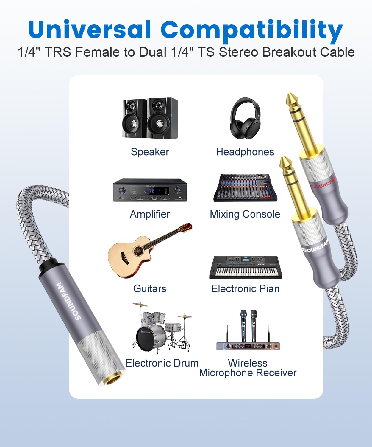 1/4" Splitter Cable 2 Feet/60CM,Microphone Splitter 1 Female to 2 Male TRS 1/4 inch Splitter 6.35mm Stereo Female Plug to Dual 6.35mm Male-Grey