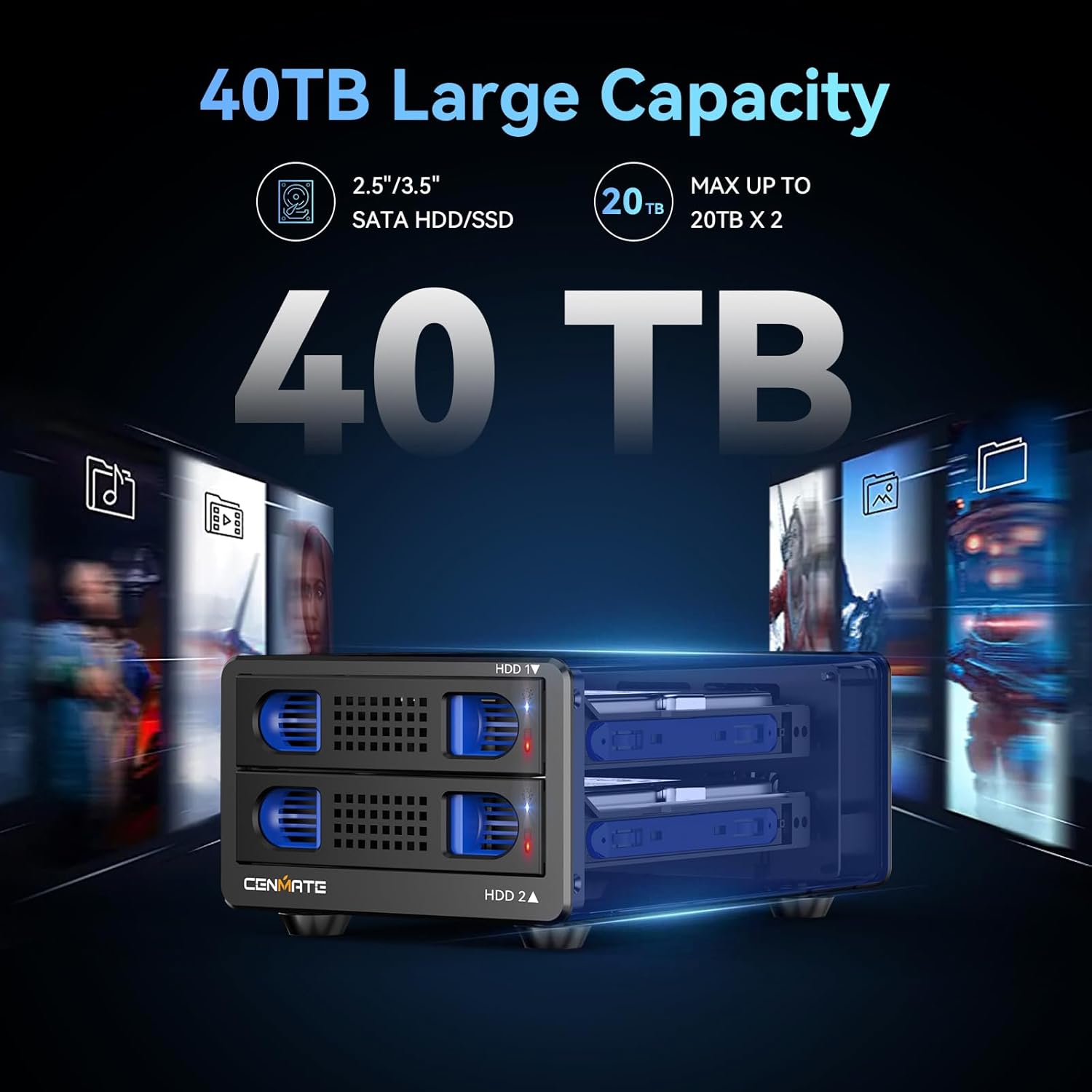 Aluminum Dual Bay 10Gbps Hard Drive Enclosure with Cooling Fan for 2.5“/3.5" SATA HDD/SSD with USB A/C 3.2 Gen 2, Support Hot Swappable, Daisy Chain Expansion, Tool-Free, DAS(NO RAID/NAS)