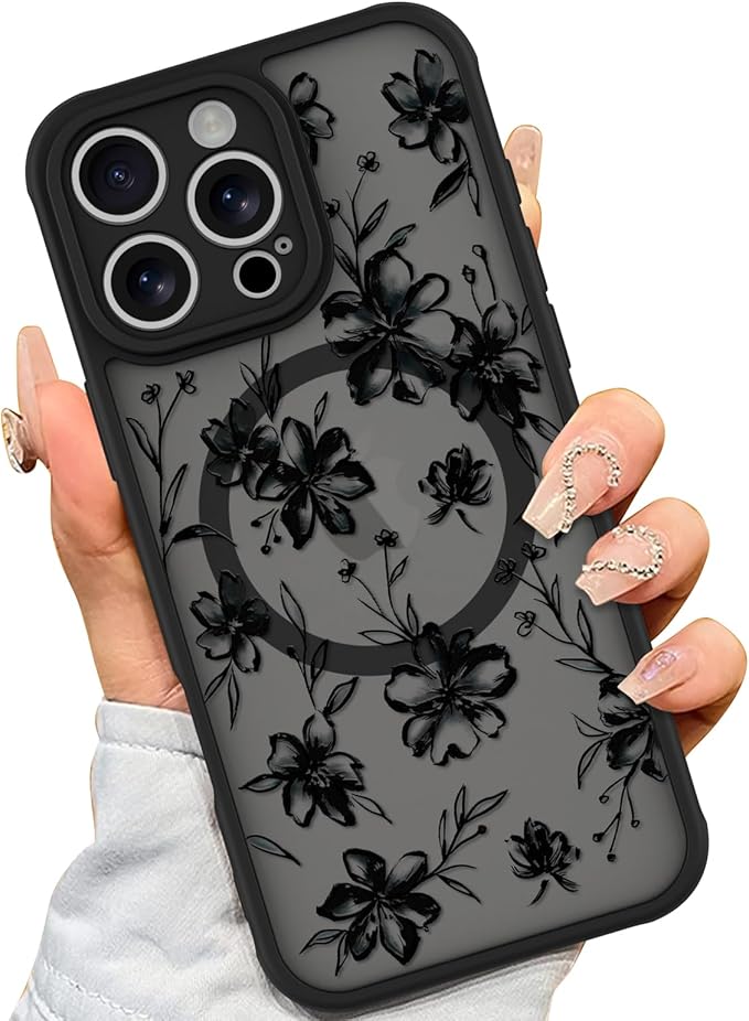 AIGOMARA Case for iPhone 16 Pro Max [Compatible with MagSafe] Ink Flower Floral Pattern Design for Women Girls Soft TPU Bumper Hard PC Back Anti-Fall Shockproof Protective Slim Magnetic Cover