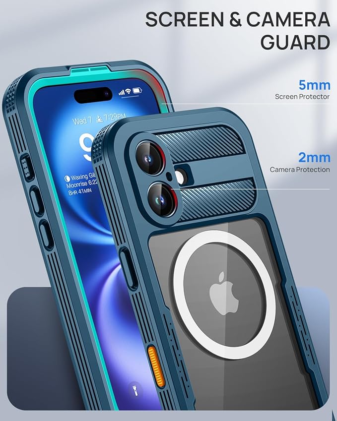 Lanhiem Magnetic for iPhone 16 Case, IP68 Waterproof Dustproof Case, [Compatible with Magsafe] [Built-in Screen Protector] Full Body Heavy Duty Rugged Phone Cover 6.1 inch, Blue/Clear