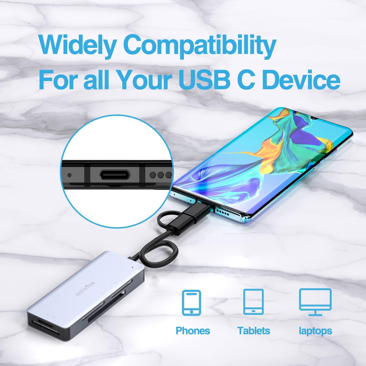 SD Card Reader, Aluminum 5in1 USB USB-C to SD Micro SD MS CF XD Card Reader Adapter Compatible with iPhone 15/16/Pro/Max, MacBook Pro/Air 2023, iPad Pro, iMac, S23, XPS 17, Surface Book 3 and More