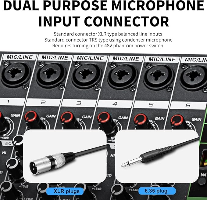 Depusheng MX6 6 Channel Sound Mixer Audio Mixing Console 48V 256DSP Professional USB PC Play Record Podcast Live Broadcast (US MX6)