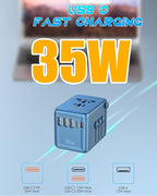 35W PD Universal Travel Adapter Fast Charging Offers 3X2.4A USB-A Ports, 2X USB-C Ports and Multi AC Outlet, International Plug Converter Worldwide Travel Charger All in One for EU US UK AUS