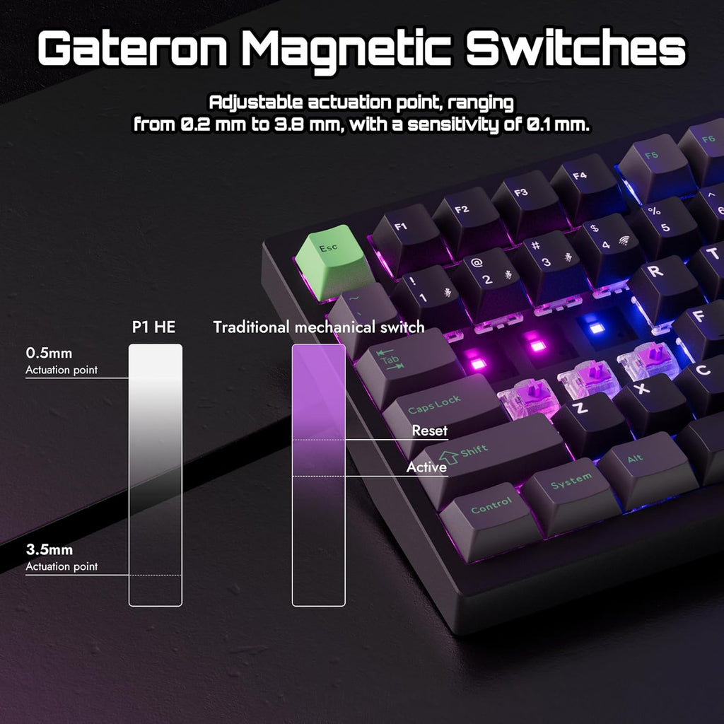 P1 HE 75% Wireless Custom Mechanical Gaming Keyboard with Gateron Double-Rail Magnetic Switches Full Assembled Knob Version - Black
