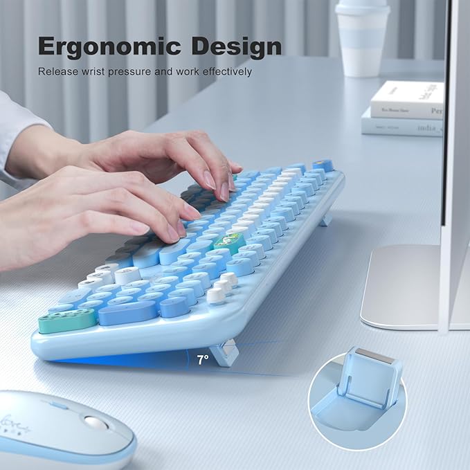 KNOWSQT Wireless Keyboard and Mouse Combo - Lovely Blue Rainbow Full-Sized Typewriter Colorful Keyboards, Round Keycap USB Plug Play Retro Cute Keyboards for Windows, Laptop, PC, Desktop, Computer