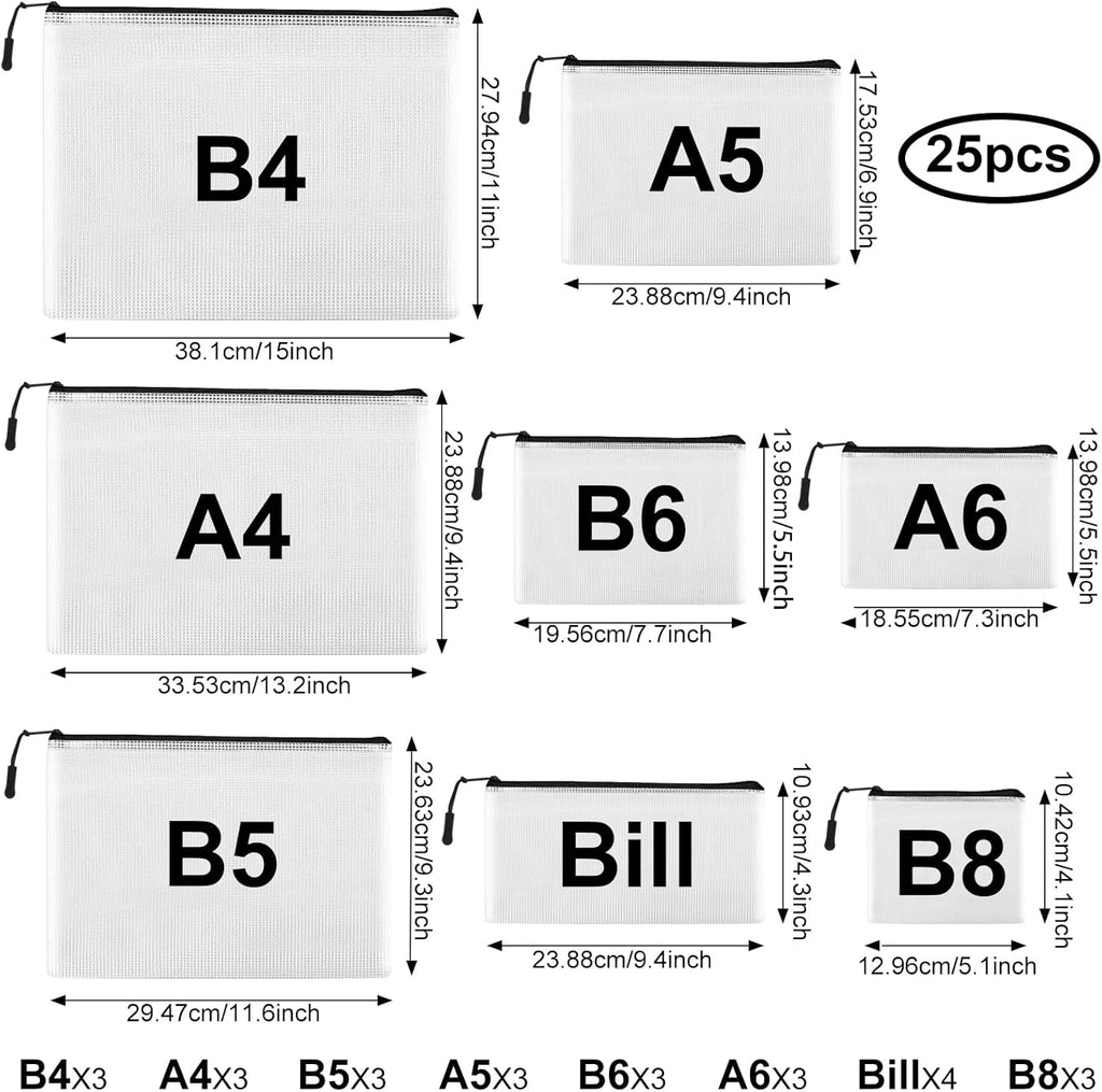 25pcs Multisize Mesh Zipper Pouch Bags, Waterproof Zipper Bag, 8 Sizes Waterproof Plastic Document Pouch, Bags for Travel Storage, Office Supply and Home Organize