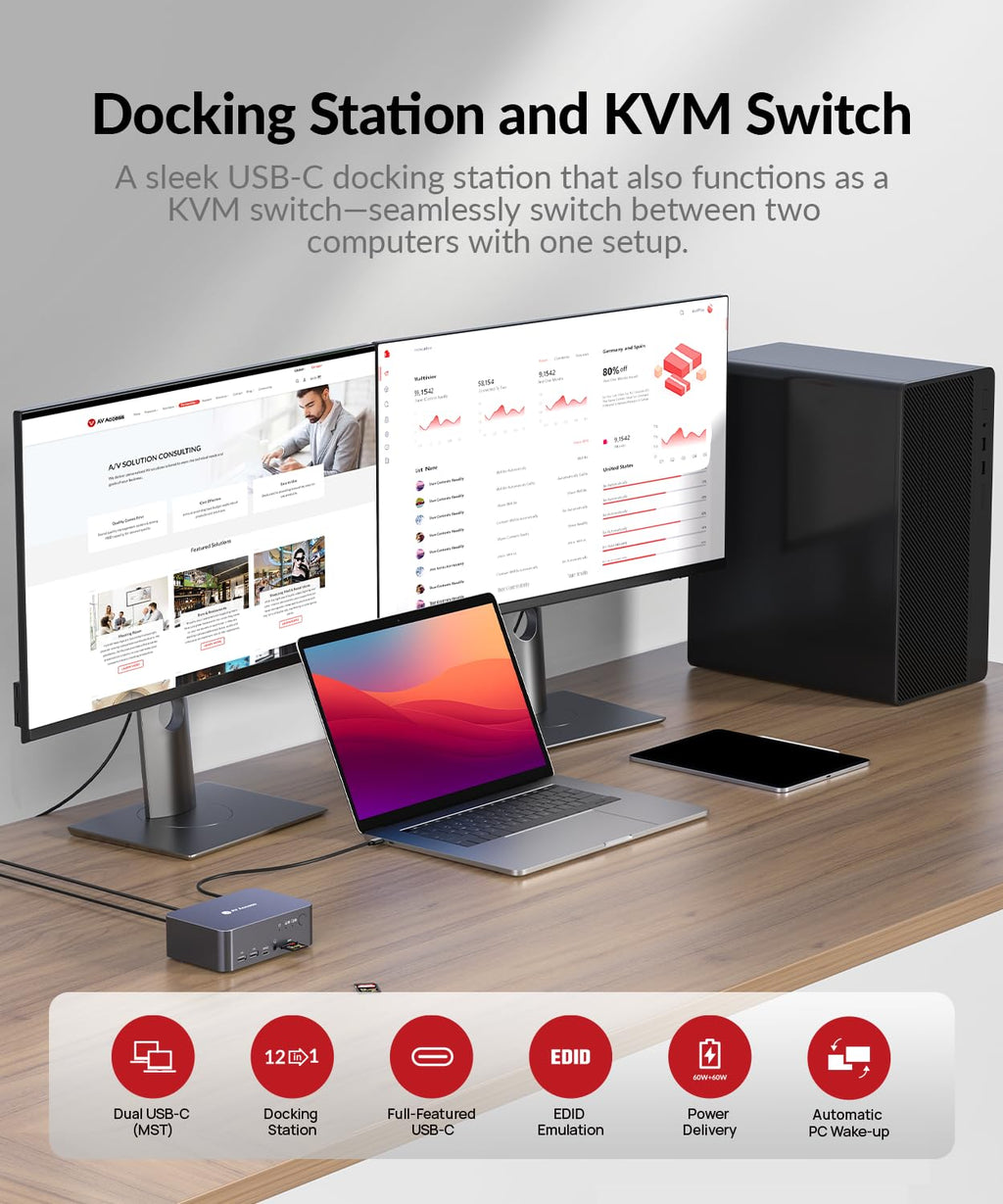 AV Access Docking Station Dual Monitor for Laptop & Desktop, USB-C Charge, Aluminum, KVM Switcher for 2 Computers with Ethernet, EDID, 4K@60Hz/2K@144Hz/1080P@240Hz, 3xUSB 3.0, Power Supply, Audio, SD