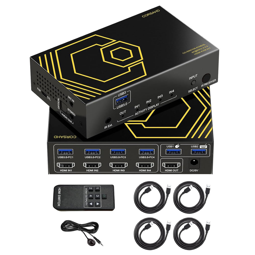 4K@60Hz HDMI KVM Switch USB3.0 4 Computers 1 Monitors HDMI 4 Port KVM Switches for 4 PC Share 1 Monitor and 4 USB 3.0 Devices SPDIF L/R Mic Audio with IR Remote Control and 4xUSB 3.0 Cables