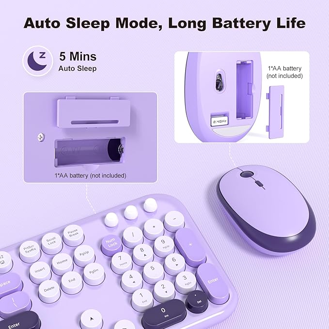 KNOWSQT Wireless Keyboard and Mouse Combo - Lovely Violet Rainbow Full-Sized Typewriter Colorful Keyboards, Round Keycap USB Plug Play Retro Cute Keyboards for Windows, Laptop, PC, Desktop, Computer