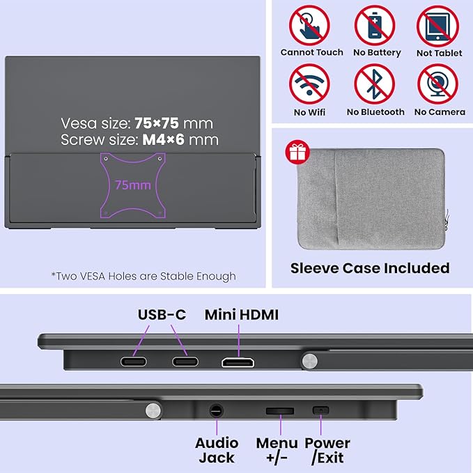 Portable Gaming Monitor 16 Inch QHD 2.5K 2560X1600 16:10 100 Hz 100% sRGB 10 Bit Travel Monitor for MacBook, Laptop, PC, Surface, Game Console, VESA Compatible, with Kickstand & Sleeve