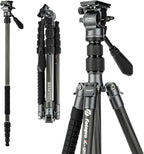 Fotopro 59" Carbon Fiber Travel Tripod, Compact Video Tripods with Fluid Head, Detachable Monopod with Quick Release Plate and Bag, Camera Tripod Load up to 8KG/17.63lbs