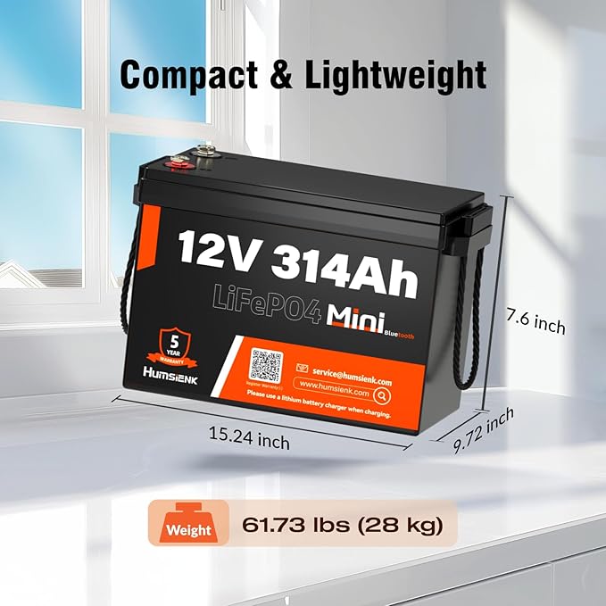 4 PCS Bluetooth 12V 314Ah LiFePO4 Lithium Battery MINI, Max. 4190Wh Energy, EV A+ Cells, Built-in 100A BMS, 15000 Deep Cycles Battery with Low-Temp Protection for RVs, Solar System, Off-Grid