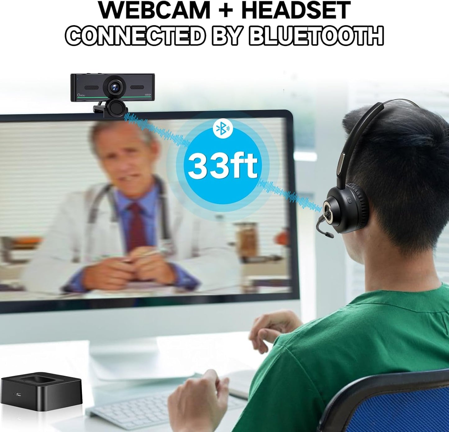 1080P Webcam with Microphone for Desktop, Computer Webcam Connect Bluetooth Headset/Earphone/Speaker, Streaming Webcams for Live Skype Teams, PC Web Camera for Streaming,Bluetooth only for Audio